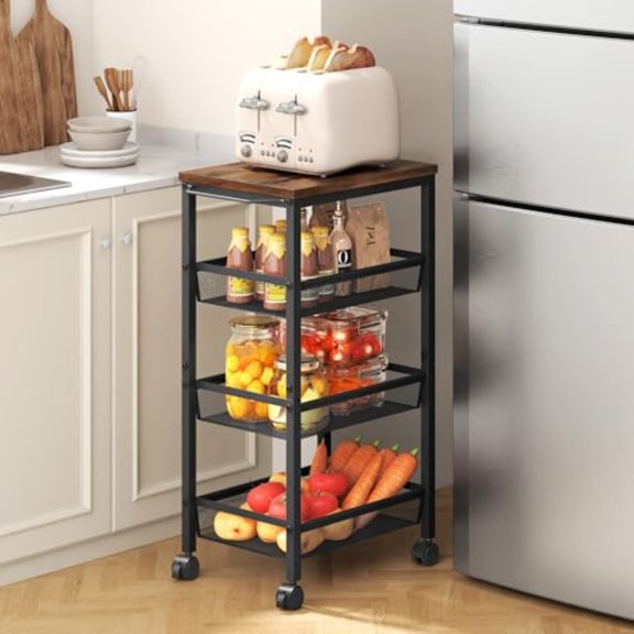 Rolling Storage Cart 4-Tier 11.8 Wide Panel Kitchen Storage Cart Utility Carts with Handle Wheels Mobile Shelving Unit Metal Frame Narrow Carts for Home Kitchen Laundry Rustic Brown