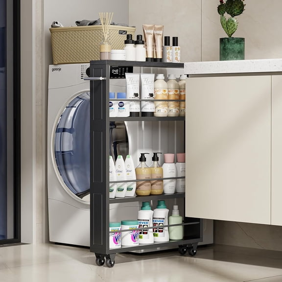 Rolling Storage Cart 4-Tier Black Kitchen Cart with Wheels, Slim Storage Cart with Handle Slide Out Utility Cart Shelving Unit Organizer Trolley for Laundry Narrow Places Bathroom Small Corner