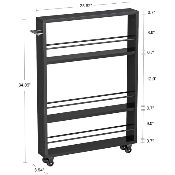 Rolling Storage Cart 4-Tier Black Kitchen Cart with Wheels, Slim Storage Cart with Handle Slide Out Utility Cart Shelving Unit Organizer Trolley for Laundry Narrow Places Bathroom Small Corner