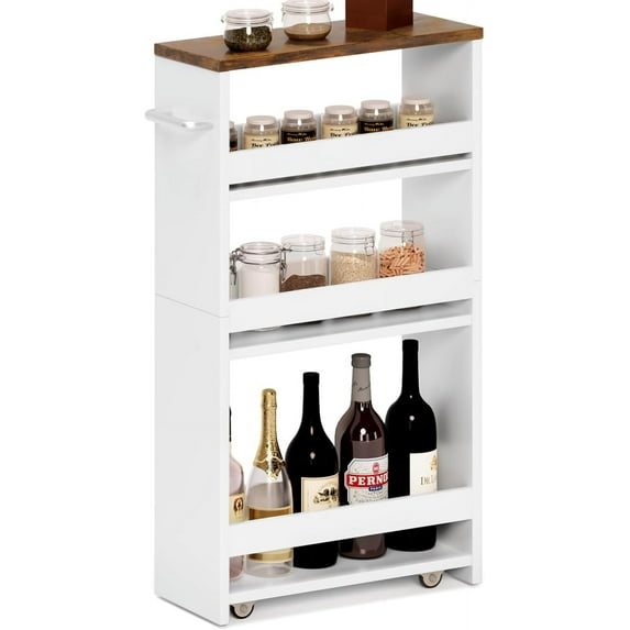 Rolling Storage Cart 4-Tier White Kitchen Cart with Wheels,Slim Storage Cart with Handle Slide Out Utility Cart Shelving Unit Organizer Trolley for Laundry Narrow Places Bathroom Small Corner