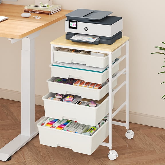 Rolling Storage Cart with 5 Drawers, Heavy Duty Metal Utility Cart on Lockable Wheels with Wooden Top, Plastic Drawer Organizer Trolley for Office Living Room Classroom Craft Organization White