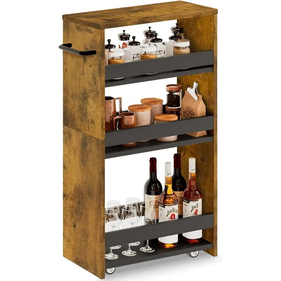 Rolling Storage Cart 7.9" W, 4-Tier Narrow Kitchen Cart with Wheels Handle, Slim Storage Mobile Shelving Utility Carts for Bathroom Laundry Room Organization Small Spaces(Rustic Brown)