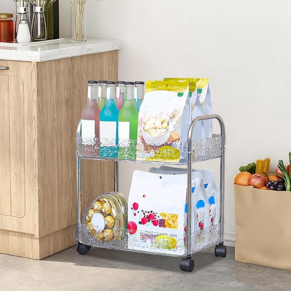 Rolling Storage Cart, Clear Acrylic Utility Carts with Wheels, Mobile Shelving Unit Bathroom Storage Trolley for Home Office,Clear,2 Tier