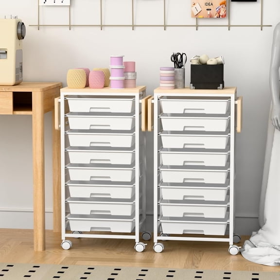 Rolling Storage Cart with Drawers, Shrivee Utility Cart with 8 Drawers and Wheels, Plastic Organizer Cart with Wooden Tabletop and 2 Side Panel for Home Office Dorm Craft