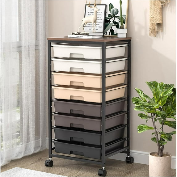Utility Cart Rolling Drawer Storage 8 Drawers Wooden Tabletop Brown