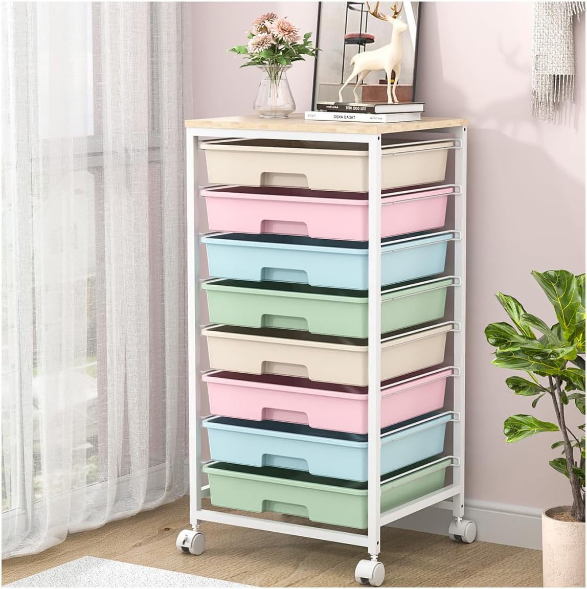 Rolling Storage Cart With 6 Drawers & Wood Top - Lockable Wheels, Pink Utility Cart For Crafts, Office, Bedroom