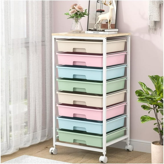 Rolling Storage Cart with Drawers,Utility Cart With 8 Drawers and Wooden Tabletop,Rolling Drawer Cart,Storage Drawer Cart for Living Room,Classroom,Bedroom,Bathroom,Dorm,Office,Rainbow