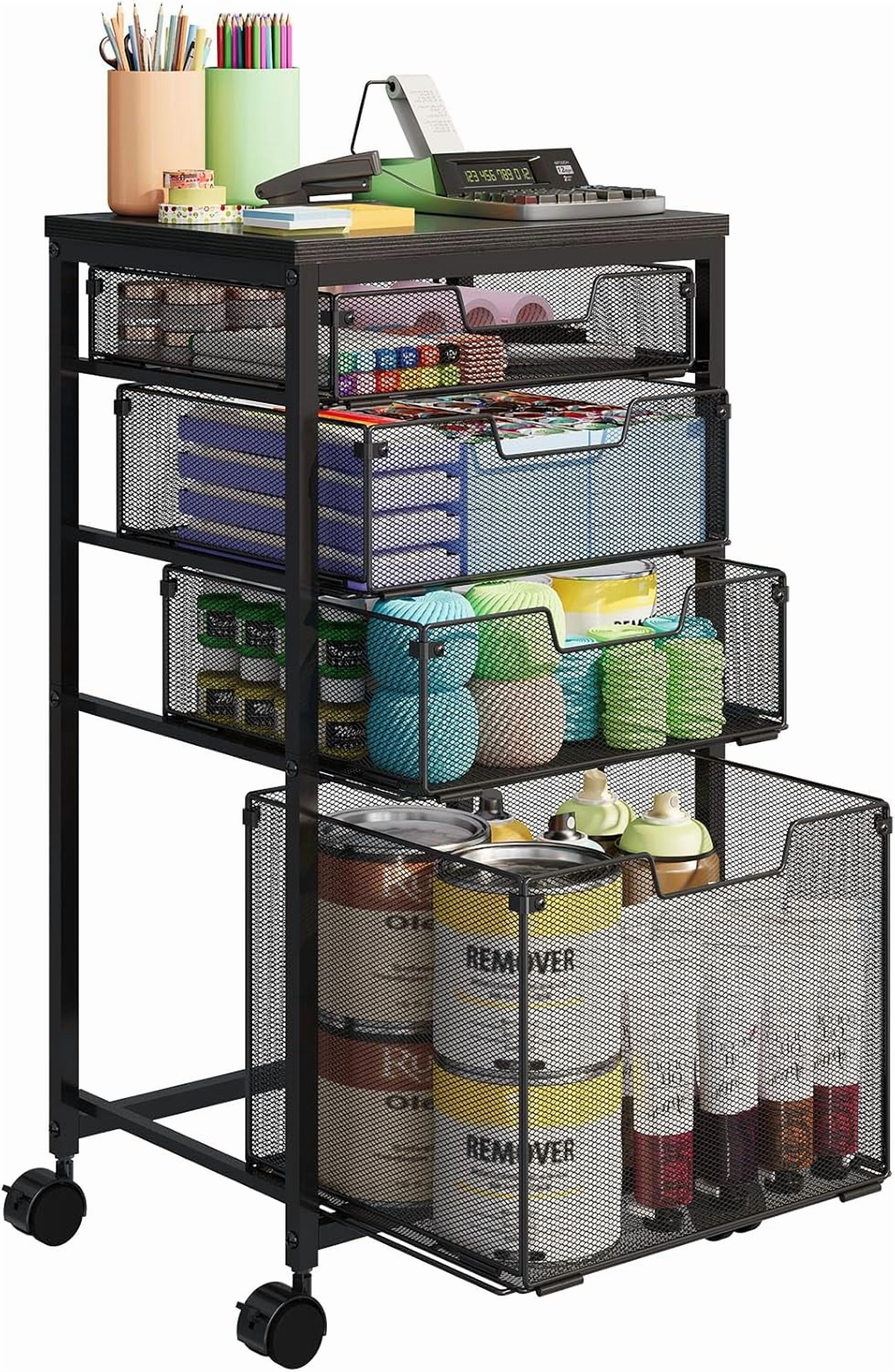 Rolling Storage Cart with Drawers Utility Cart with Wooden Tabletop and ...