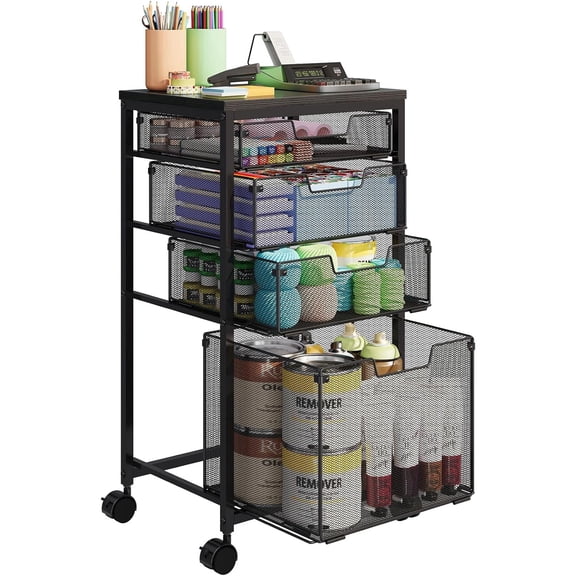 Rolling Storage Cart with Drawers, Utility Cart with Wooden Tabletop and Lockable Wheels Multifunctional Storage Organizer Craft Cart for Classroom, Bedroom, Bathroom, Office, Black