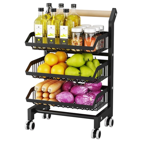 Rolling Storage Cart Utility Cart – Foldable 3-Tier Wire Basket Trolley, Carbon Steel Vegetable Rack with Wheels, Kitchen Storage Organizer, Rolling Rack for Fruit Vegetable – Black, 3 layers