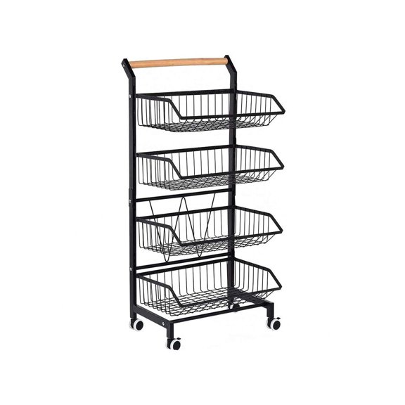 Rolling Storage Cart with Wheels, 4-Tier Utility Pantry Cart with Solid Wood Handle and Detachable Metal Baskets, Rustproof Rolling Snack Cart for Kitchen and Laundry, White