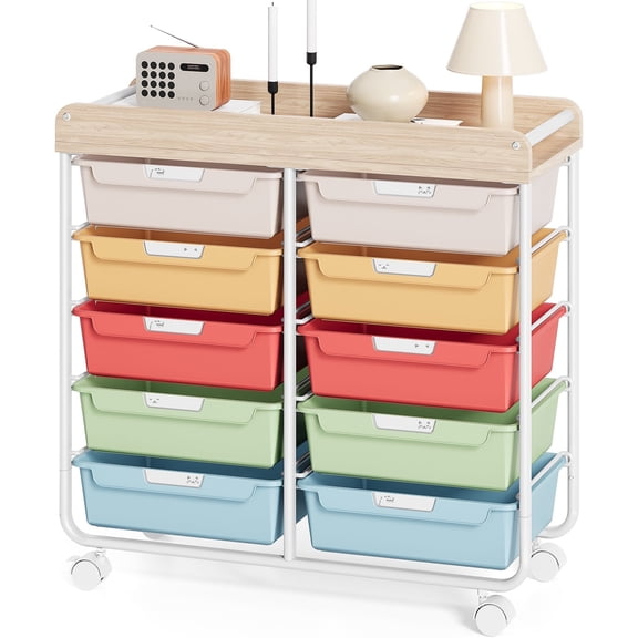 Rolling Storage Cart with 10 Drawers, KK KINGRACK Drawer Cart with Sturdy Frame for Craft Office School Storage, Rainbow