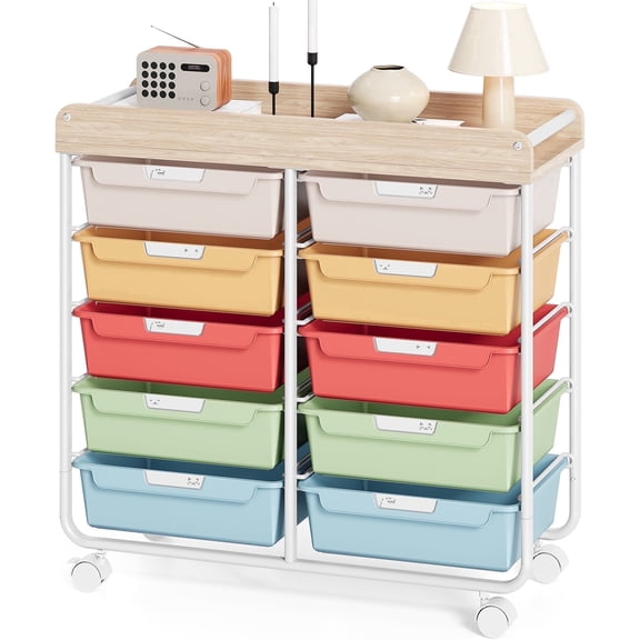 Rolling Storage Cart with 10 Drawers, KINGTIDY Drawer Cart with Sturdy Frame for Craft Office School Storage, Rainbow