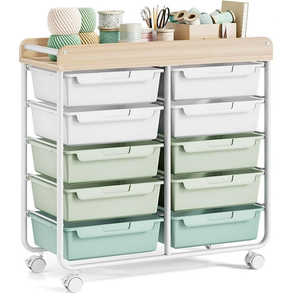 Rolling Storage Cart with 10 Large Drawers, Utility Cart for Craft Organizers, Green