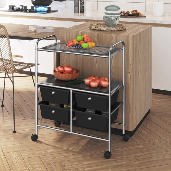 Rolling Storage Cart with 4 Drawers 2 Shelves, Plastic Trolley with Wheels, Black