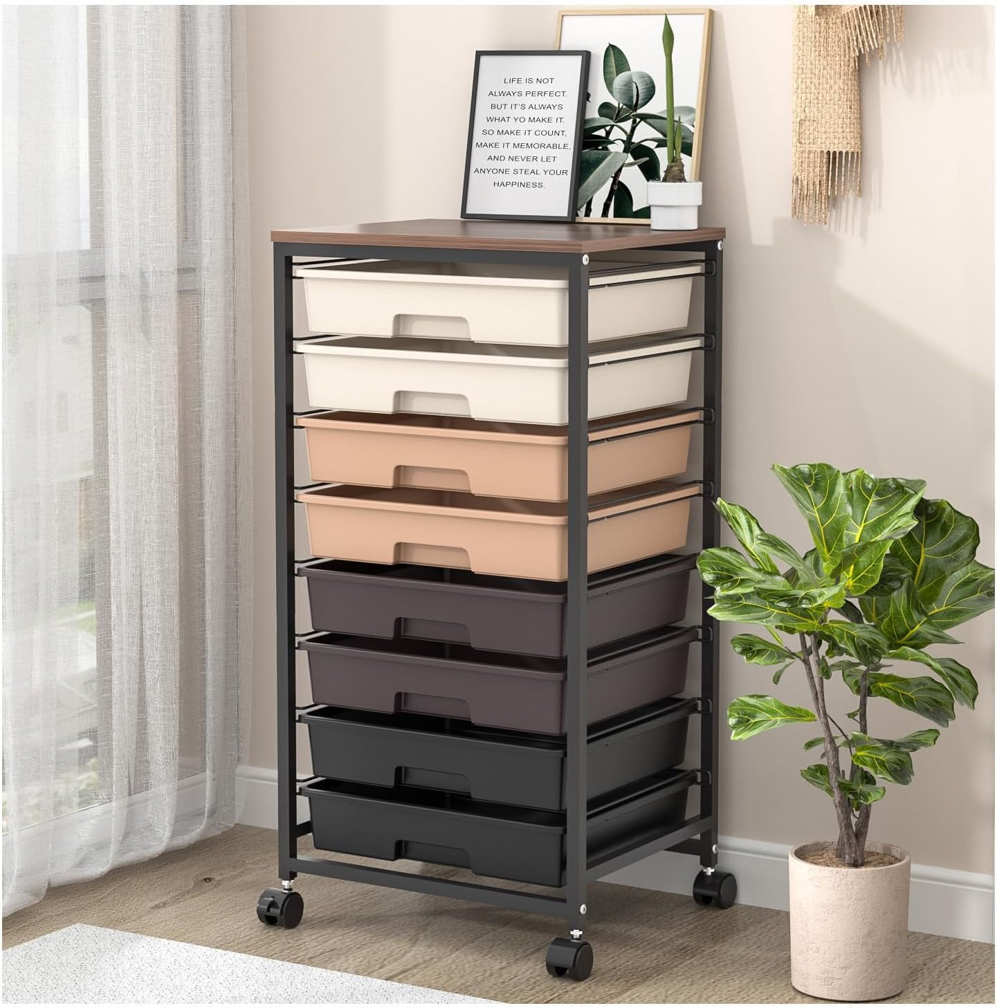 Rolling Storage Cart with 8 Drawers and Wooden Tabletop, Utility Cart ...