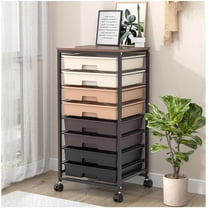 Rolling Storage Cart with 8 Drawers and Wooden Tabletop, Utility Cart for Living Room, Classroom, Bedroom, Bathroom, Dorm, Office, Dark Brown