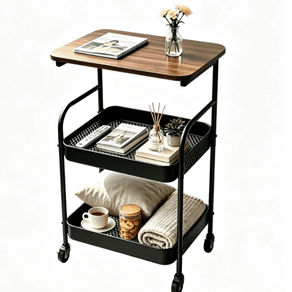 3-Tier Rolling Storage Utility Cart, Multifunctional Mobile Organizer with Wooden Tabletop for Living Room Bedroom