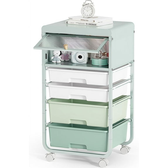 Utility-Rolling-Storage-Drawer-Craft-Cart-Organizers with 4 Drawers & Dust-proof Door for Kid Craft Art Room,Bedroom,Home Office, 4 Tiers Drawer cart, Green