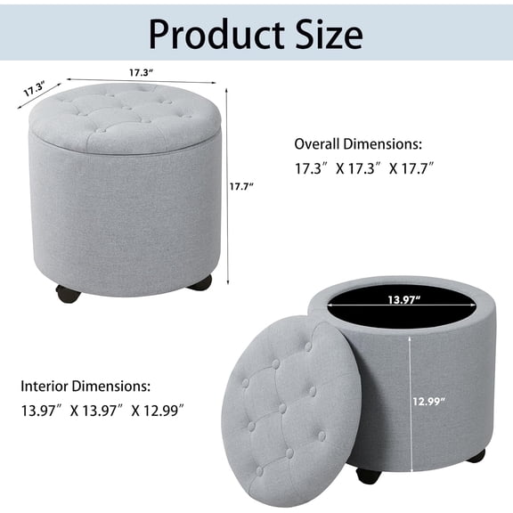 Rolling Storage Ottoman with Removable Lid, 17.3" Round Tufted Linen Footstool on Wheels, Mobile Vanity Chair for Living Room & Bedroom, 330lb Capacity, Light