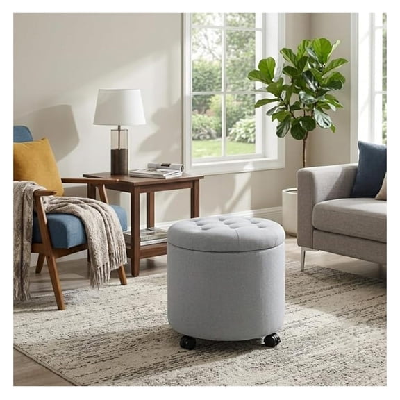 Rolling Storage Ottoman, Tufted Linen Footstool - 17.3 Inch Light Gray