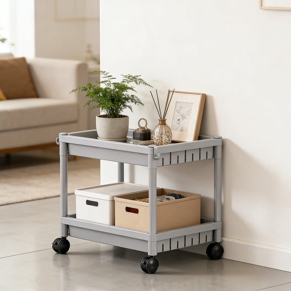 Rolling Storage Shelf 2-Tier ABS Plastic Storage Cart with Wheels & Hooks, Multi-Use Organizer for Bathroom Kitchen Bedroom Living Room, White & Gray