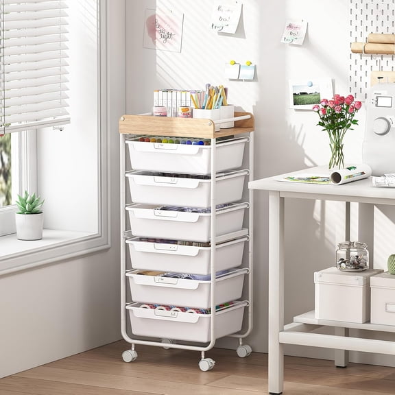 Rolling Storage Utility Cart With 6 Drawers,Art Supply Craft Organizer,Sewing Makeup Organizer And Storage,Office Organization Wooden Tabletop,Cloud White