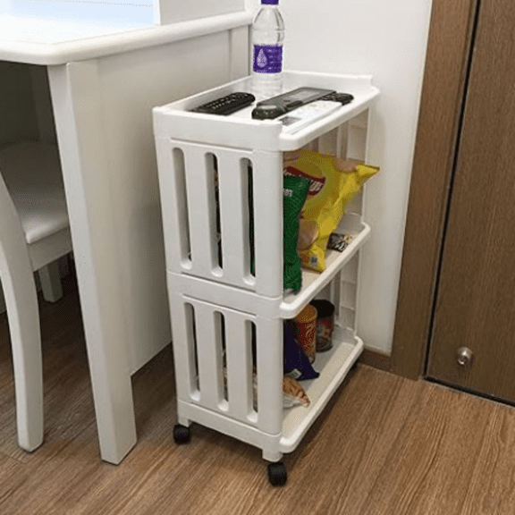 Rolling Storage Utility Cart Slim Organizer Shelf with Wheels 3 Tier Narrow Places Mobile Shelving Unit Tower Rack for Kitchen Bathroom Laundry Room Home Office Bedroom Living Room Washroom, White