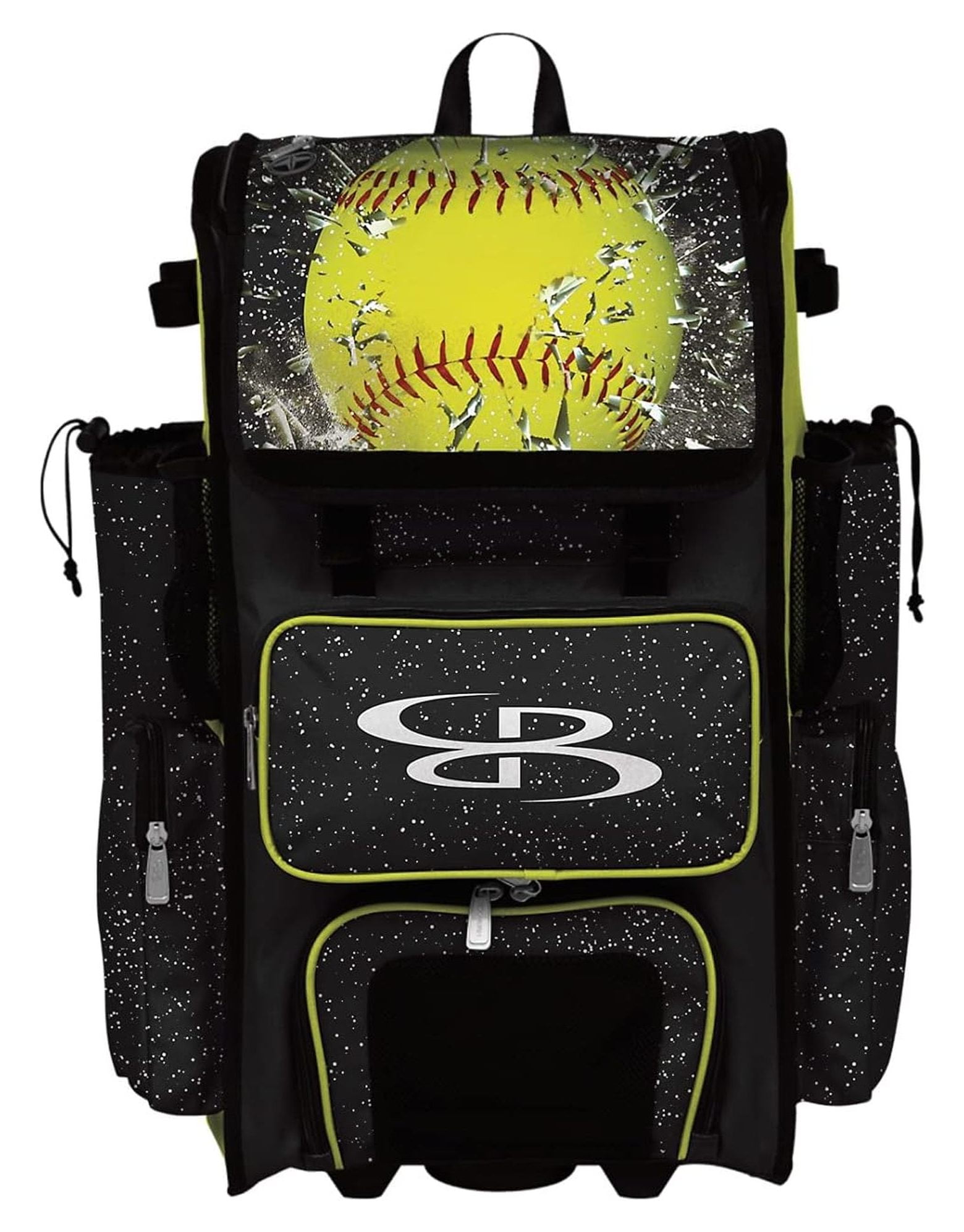 Rolling Superpack 2.0 Baseball/Softball Gear Bag - 23-1/2" x 13-1/2" x 9-1/2" - Softball Highlight Black/Optic Yellow/Red - Telescopic Handle - Holds 4 Bats - Wheeled Version