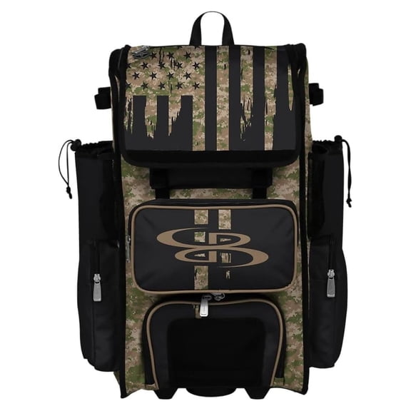 Rolling Superpack 2.0 Baseball/Softball Gear Bag - 23-1/2" x 13-1/2" x 9-1/2" - Telescopic Handle - Holds 4 Bats - Wheeled Version - USA Tribute Olive Drab/Teak Brown/Black