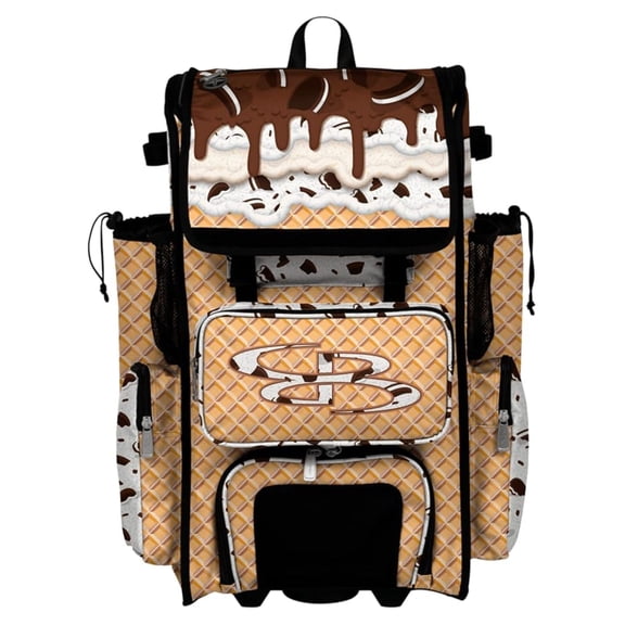 Rolling Superpack Baseball/Softball Gear Bag - Telescopic Handle - Holds 4 Bats - Wheeled Version - Cookies N Creme /Brown/Artic Gray