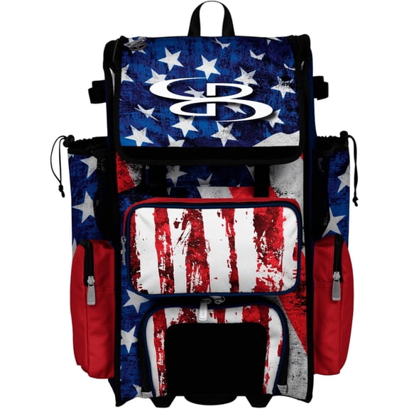 Rolling Superpack Baseball/Softball Gear Bag - Telescopic Handle - Holds 4 Bats - Wheeled Version - USA Stars & Stripes Navy/Red/White