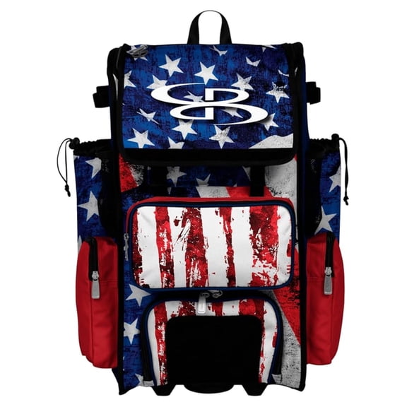 Rolling Superpack Baseball/Softball Gear Bag - Telescopic Handle - Holds 4 Bats - Wheeled Version - USA Stars & Stripes Navy/Red/White
