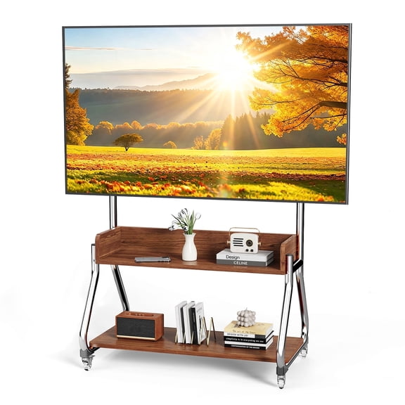 Rolling TV Stand with 2-Tier Wooden Shelf, Stainless Steel Mobile TV Carts for 32-75 Inch TVs up to 150 lbs.Heavy-Duty Mobile TV Stand with crystal wheels Max VESA 600x400mm