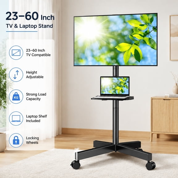 Rolling TV Stand for 23-60 Inch LCD LED TVs, Mobile Tilt TV Stand with Wheels, Holds up to 88 lbs, Portable TV Stand for Bedroom with Shelf, Max VESA 400x400mm PSTVMC06