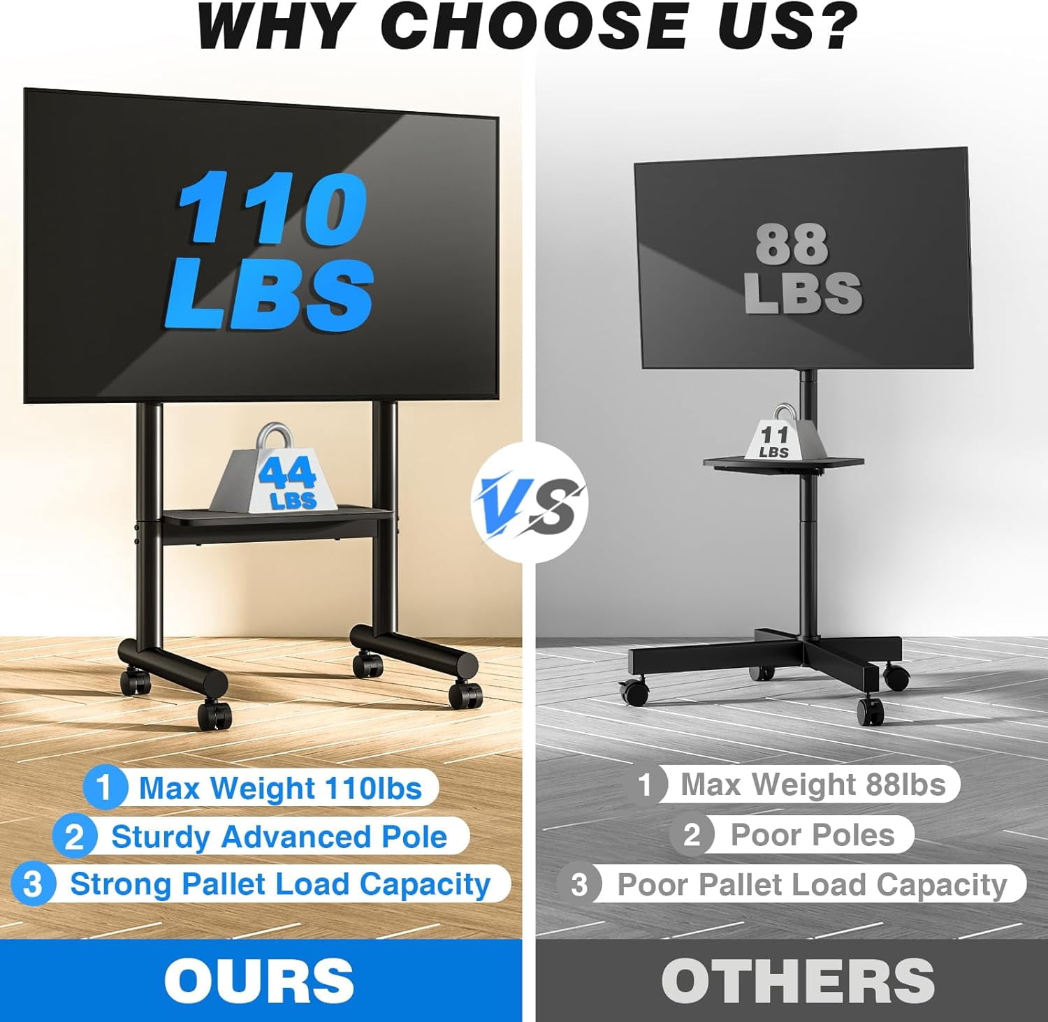 Rolling TV Stand for 40-75 inch TVs, Portable TV Cart with Wheels, Height Adjustable Mobile TV Mount  to 110 lbs, VESA 400x400mm for Living Room Office