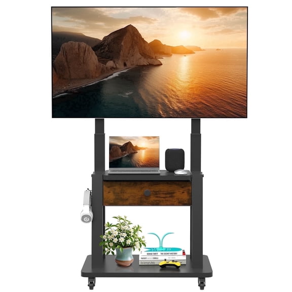 Rolling TV Stand with Fabric Drawers for 32-75 inch Flat Screens up to 220lbs Adjustable Height Max VESA 600x400mm Black