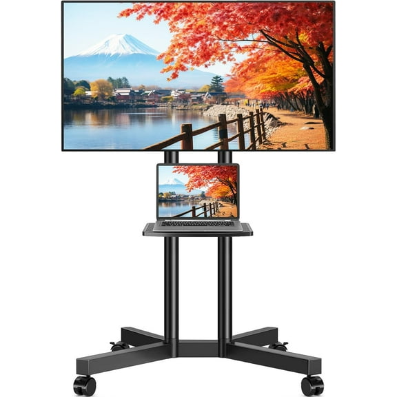 MY Rolling TV Stand with Laptop Shelf, Mobile TV Stand with Upgraded Wheels for 32-75 Inch TVs, Height Adjustable Mobile TV Cart up to 88lbs, Portable TV Mount Stand for Outdoor, Home, Office