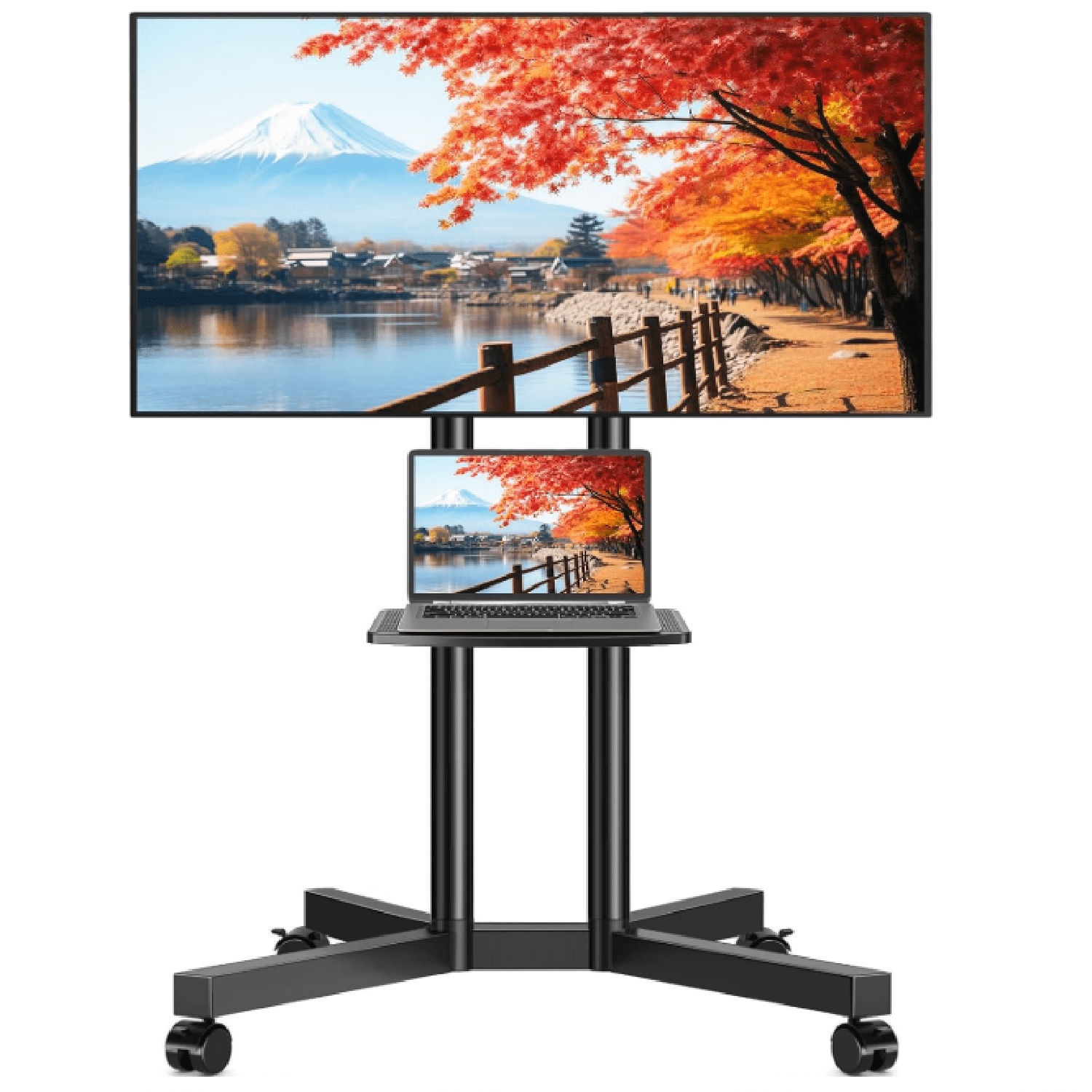 Rolling TV Stand with Laptop Shelf, Mobile TV Stand with Upgraded Wheels for 32-75 Inch TVs, Height Adjustable Mobile TV Cart up to 88lbs, Portable TV Mount Stand for Outdoor, Home, Office