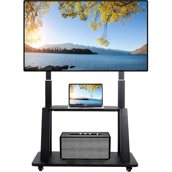 Rolling TV Stand Mobile TV Cart on Wheels for 42-86 Inch Flat/Curved LED/LCD/OLED Height Adjustable Heavy Duty Floor Portable TV Stand with Wheels with Laptop DVD Shelf Holds up to 176lbs