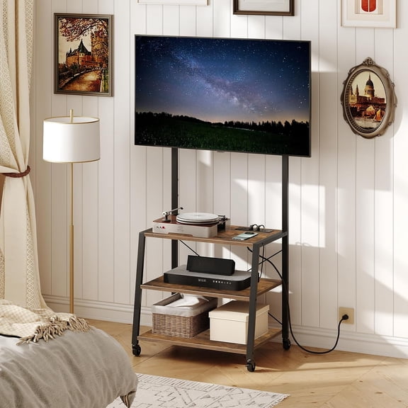 Rolling TV Stand with Mount and Power Outlet Up to 55 inch TV, Corner Entertainment Center, Small TV Stand with 3-Tier Storage Shelves for Living Room, Bedroom, Rustic Brown and Black BF66UDS01