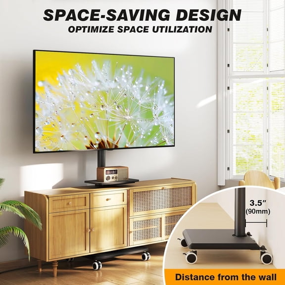 Rolling TV Stand with Power Outlet for 32-60 inch TVs, Swivel and Height Adjustable Mobile TV Stand with Shelf, Strong TV Cart on Wheels up to 88 lbs for Living Room, Bedroom and Office (Black)