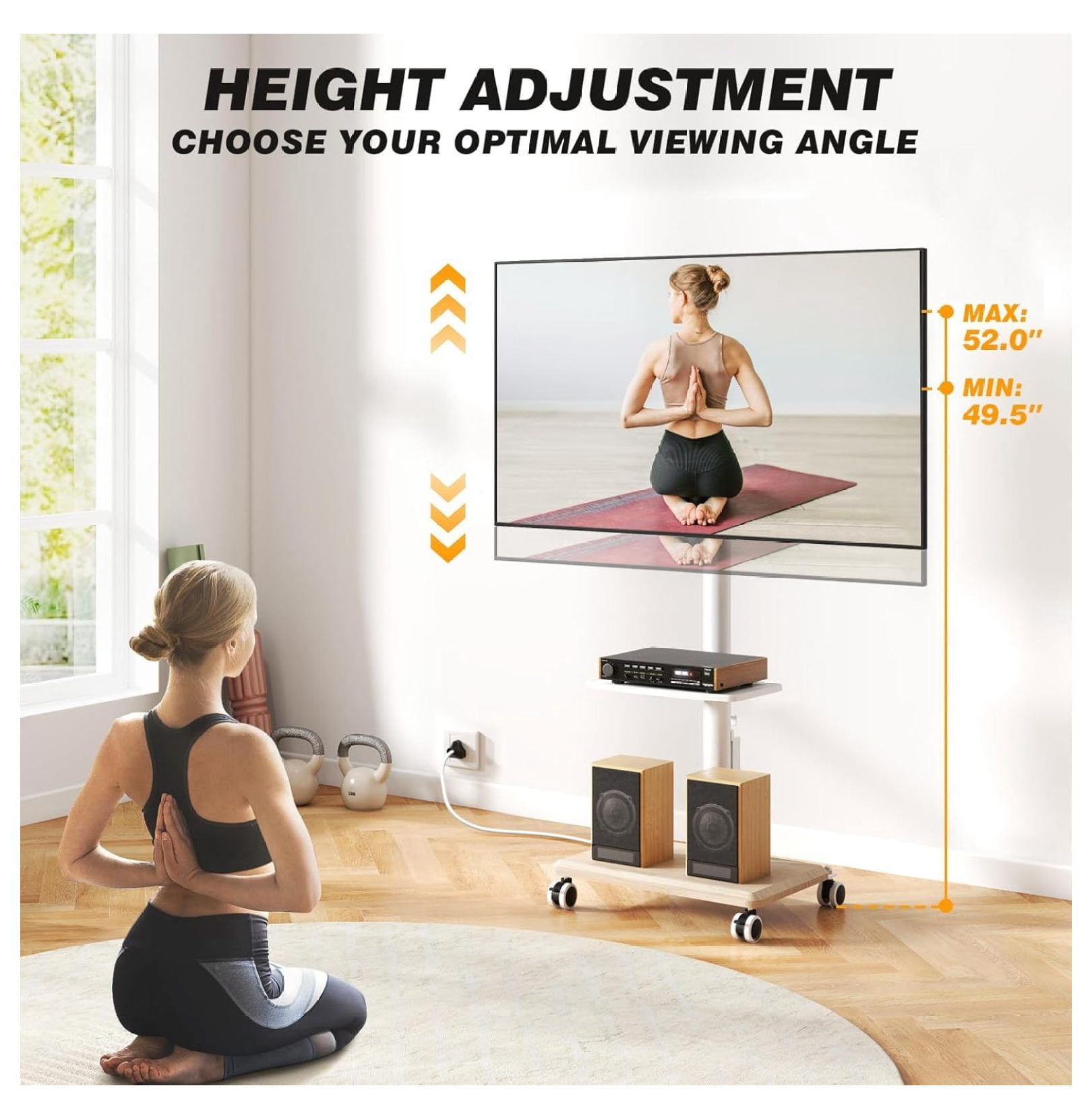 Rolling TV Stand with Power Outlet for 32-60 inch TVs, Swivel and Height Adjustable Mobile TV Stand with Shelf, Strong TV Cart on Wheels up to 88 lbs for Living Room, Bedroom and Office, White