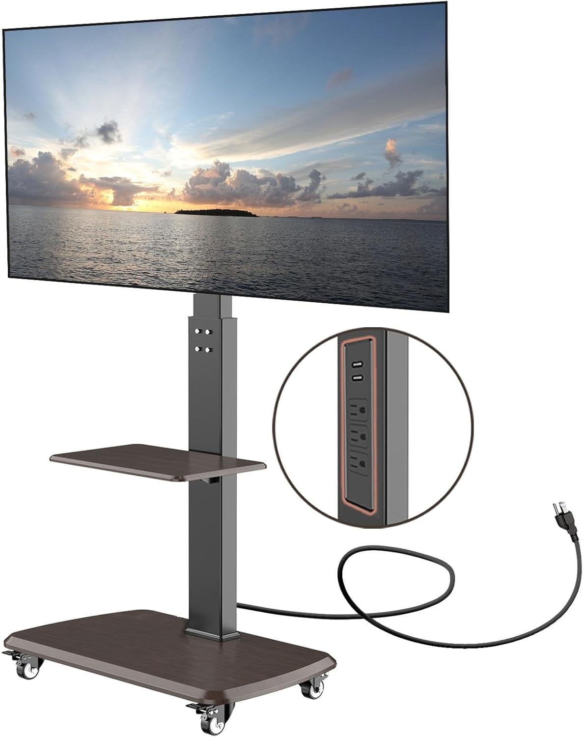 Rolling TV Stand with Power Outlet for 32 to 65 70 75 80 inch TVs up to 132 lbs Adjustable Mobile TV Cart with AV Shelf Portable Mobile TV Stand with Wheels for Outdoor, Bedroom, Living Room