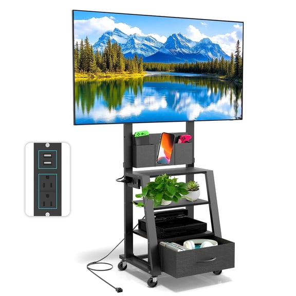 Hellsehen Rolling Mobile TV Stand with Power Outlet 4-Tier Storage Adjustable Height for 23-60 Inch Screens Black