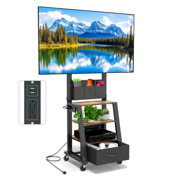 Hellsehen Rolling Mobile TV Stand with Power Outlet 4-Tier Storage Adjustable Height for 23-60 Inch Screens