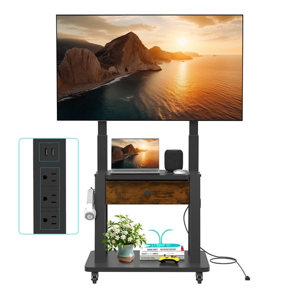 Hellsehen Sturdy Rolling TV Stand with Fabric Drawers Power Outlet Adjustable Height for 32-75 inch Flat Screens