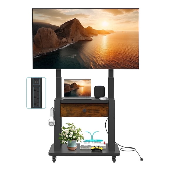 Hellsehen Rolling TV Stand with Fabric Drawers Power Outlet Adjustable Height for 32-75 inch Flat Screens Black