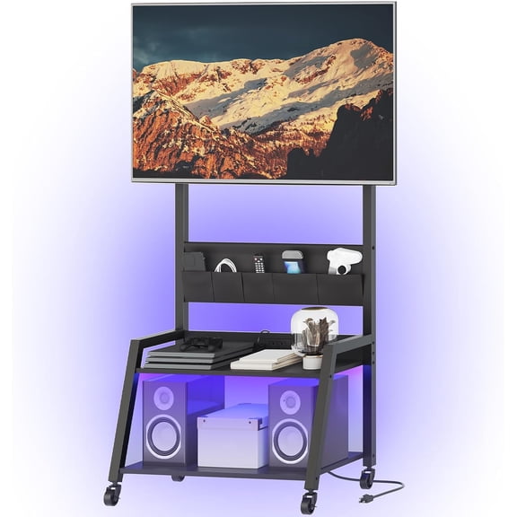 Rolling TV Stand with Power Outlet, Mobile TV Stand with LED Light Up to 55" TVs, TV Cart with Mount, 5 Oxford Fabric Pouches, for Living Room, Meeting Room, Black DS01UDBB