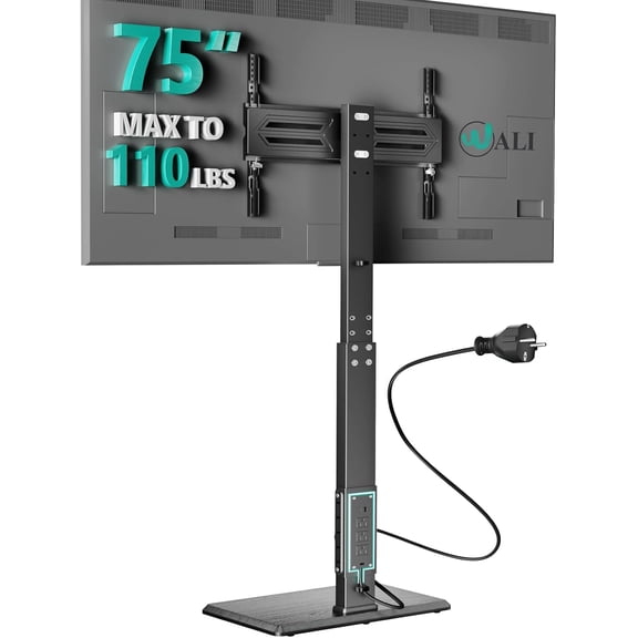 Rolling TV Stand with Power Outlet, Mobile Tall TV Stand Mount on Wheels for 32-75 inch TV up to 110 lbs, Swivel Height Adjustable TV Cart with Wood Base for Bedroom